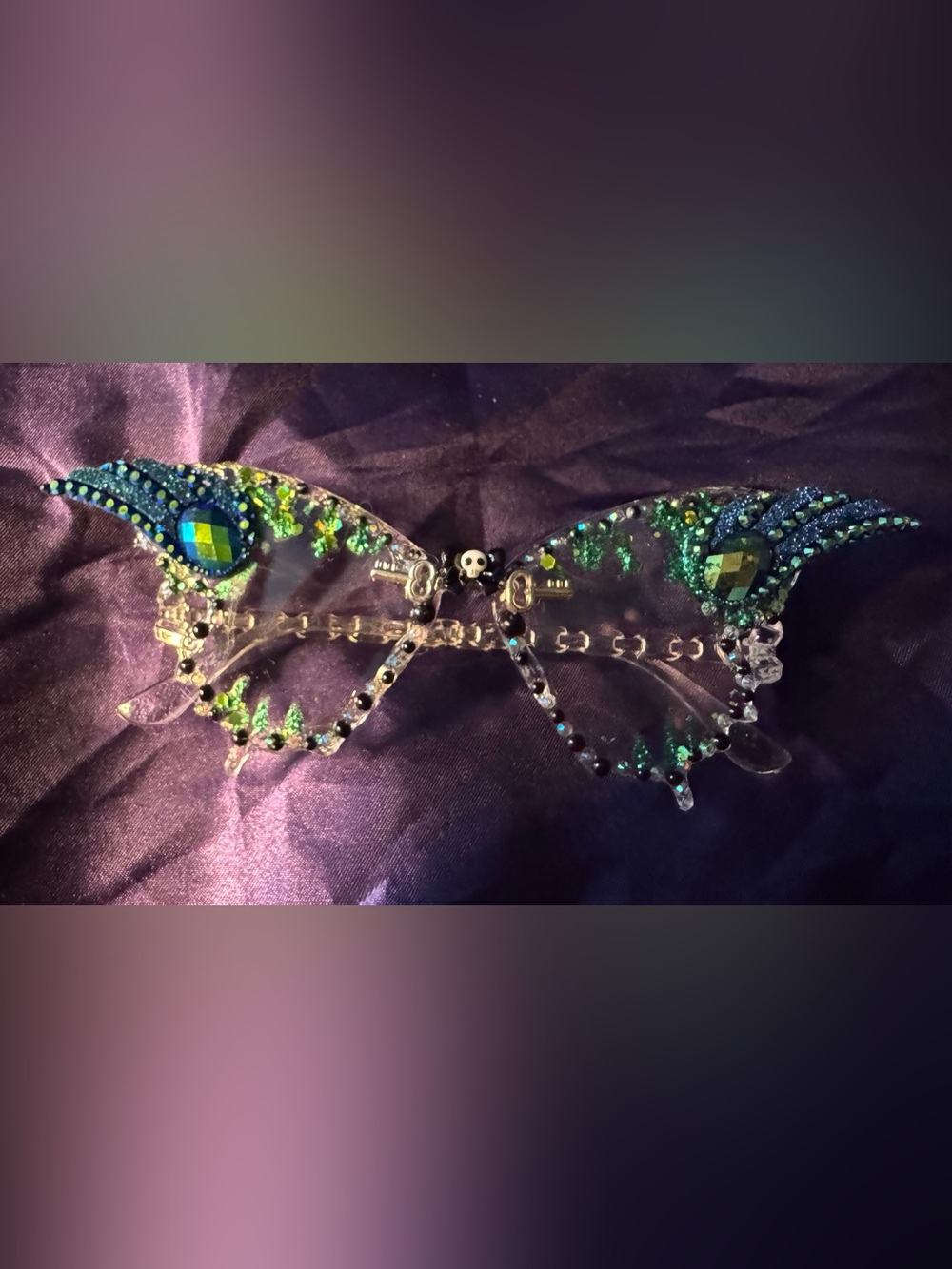 Clear Glitter oversized butterfly Skull Bow Sunglasses - Green & Black Accents